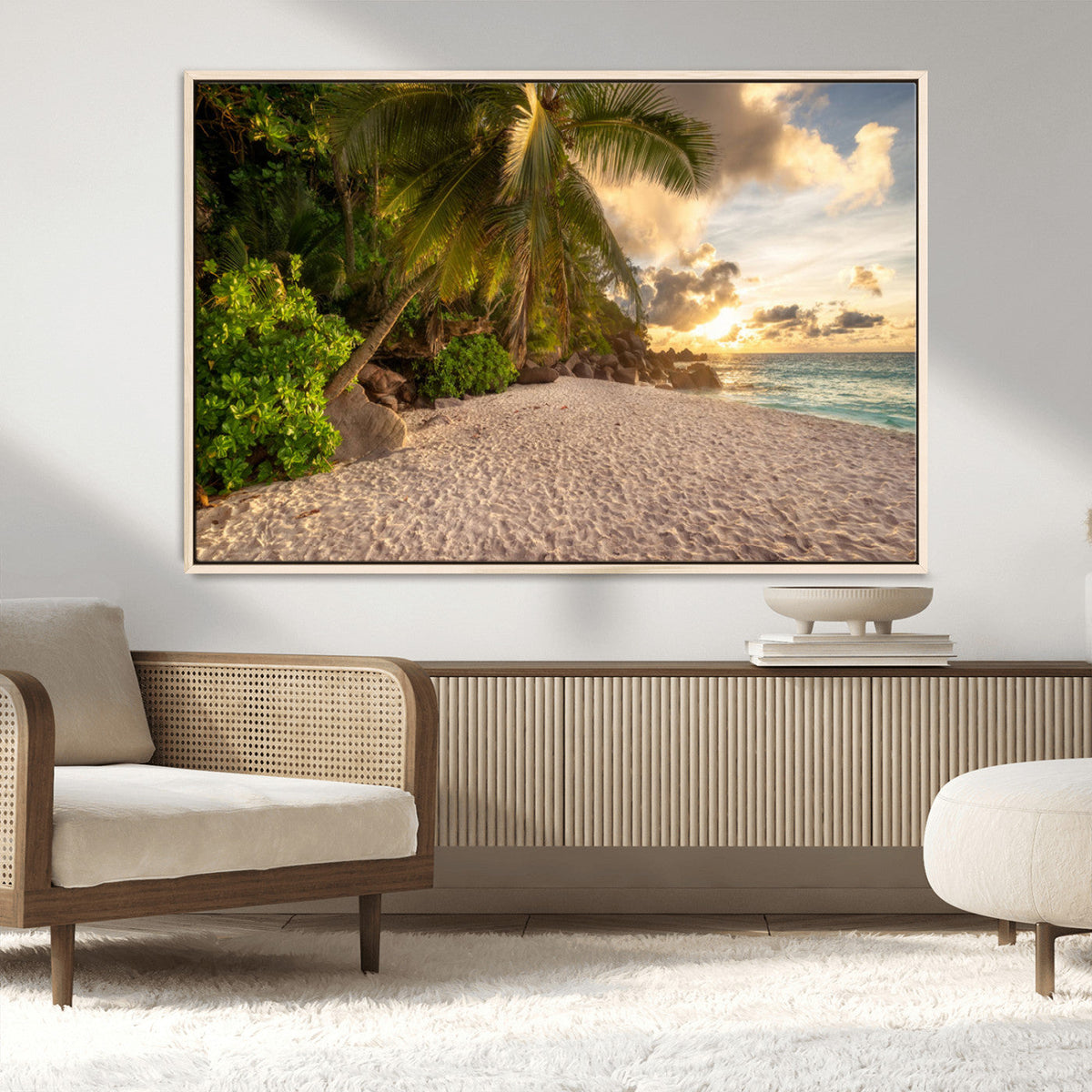 Tropical beach sunset, palm trees, white sand, ocean waves,