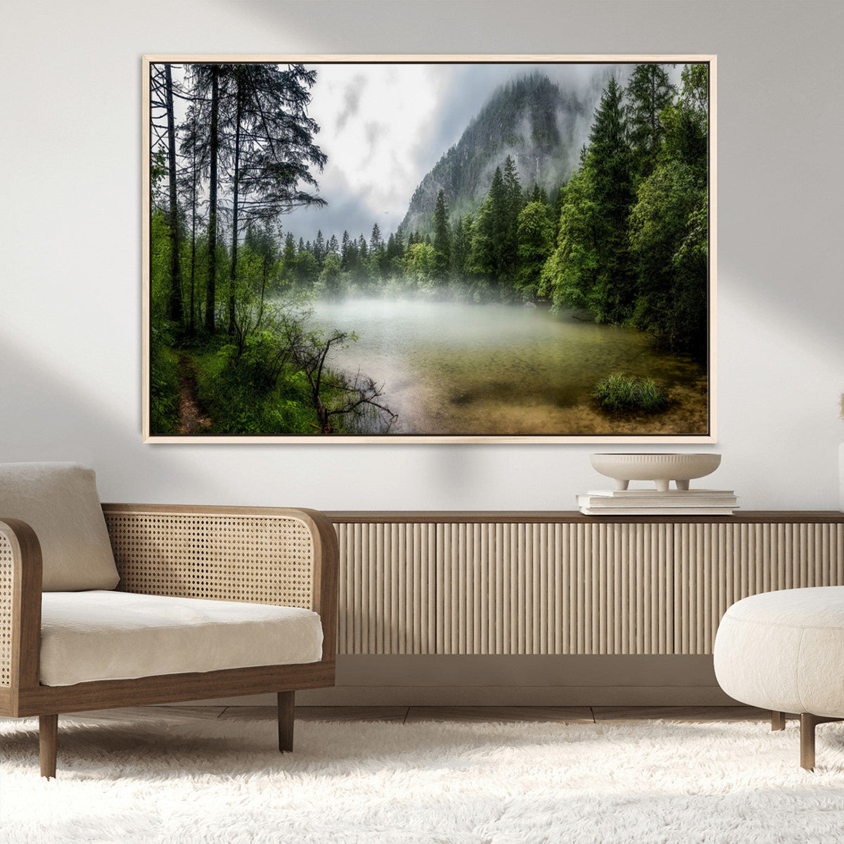 Misty Lake Forest Wall Art Canvas Print, Green Trees and