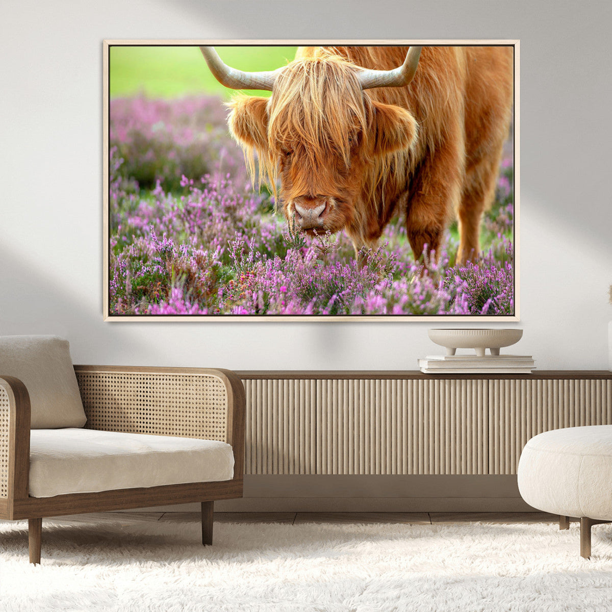 Highland Cow Wall Art Canvas Print – Framed Purple Flowers