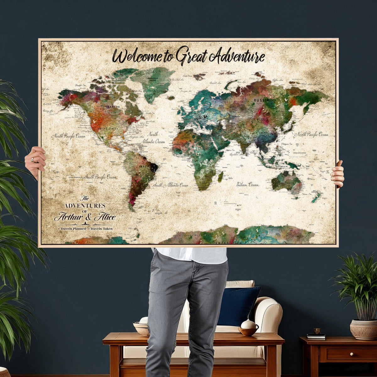 Grunge Personalized World Map Wall Art Canvas Print – Custom