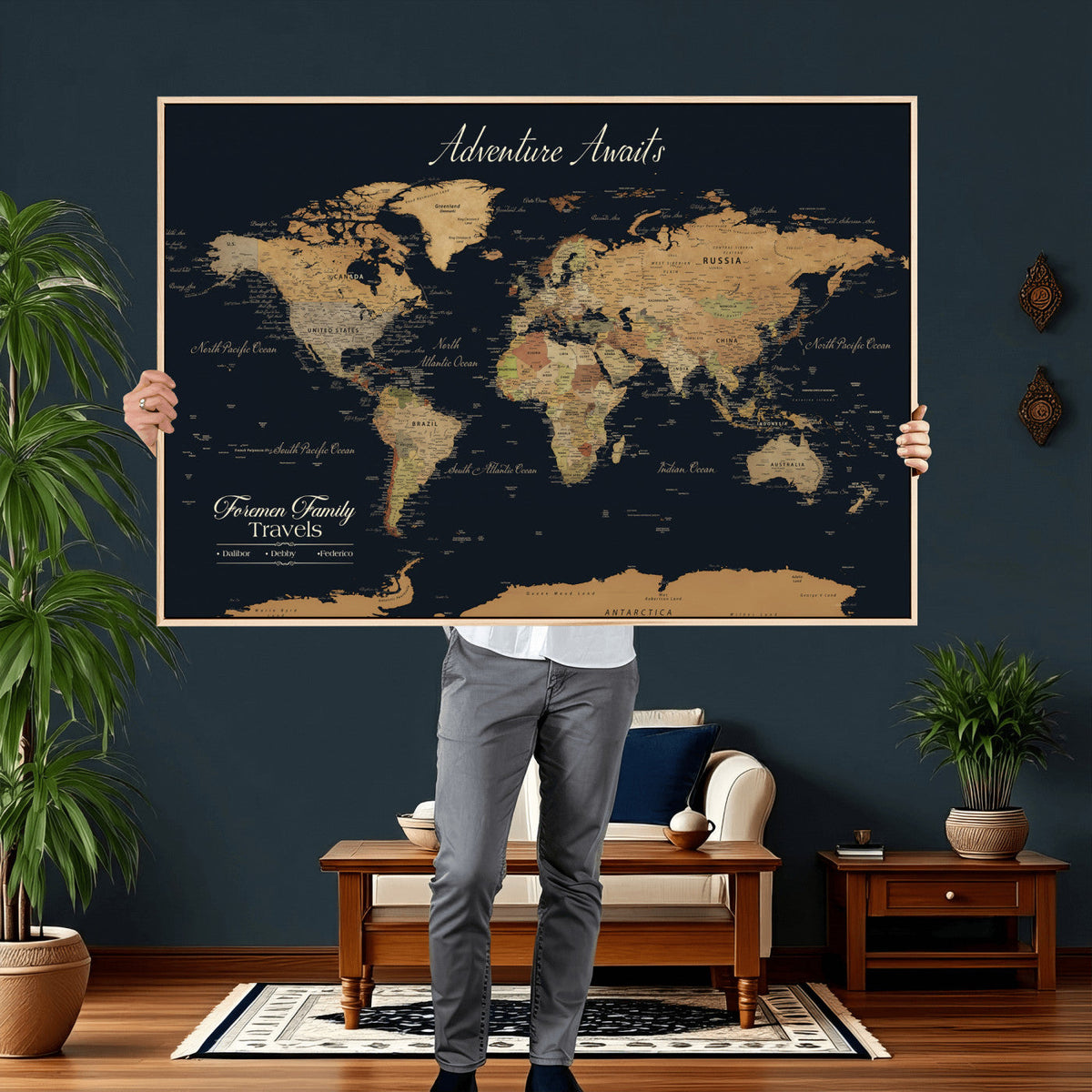 Personalized Family Travel Map Canvas – Custom Framed Push