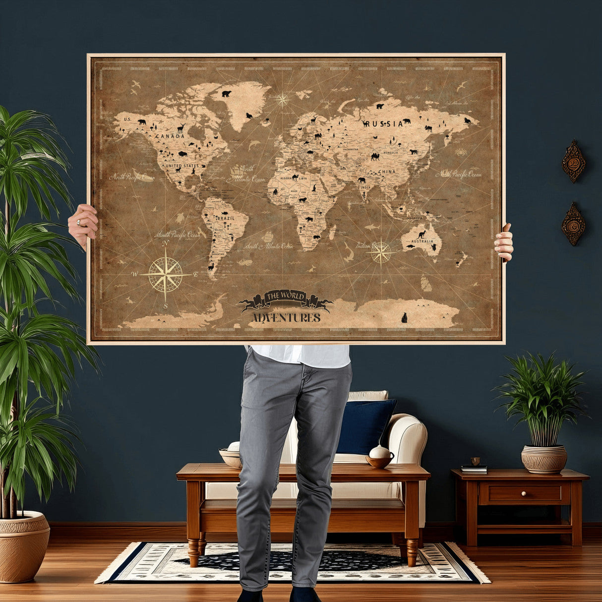 Custom Push Pin World Map Wall Art Canvas Print – Personalized Travel Tracker with Pins Framed Large for Home and Office Decor