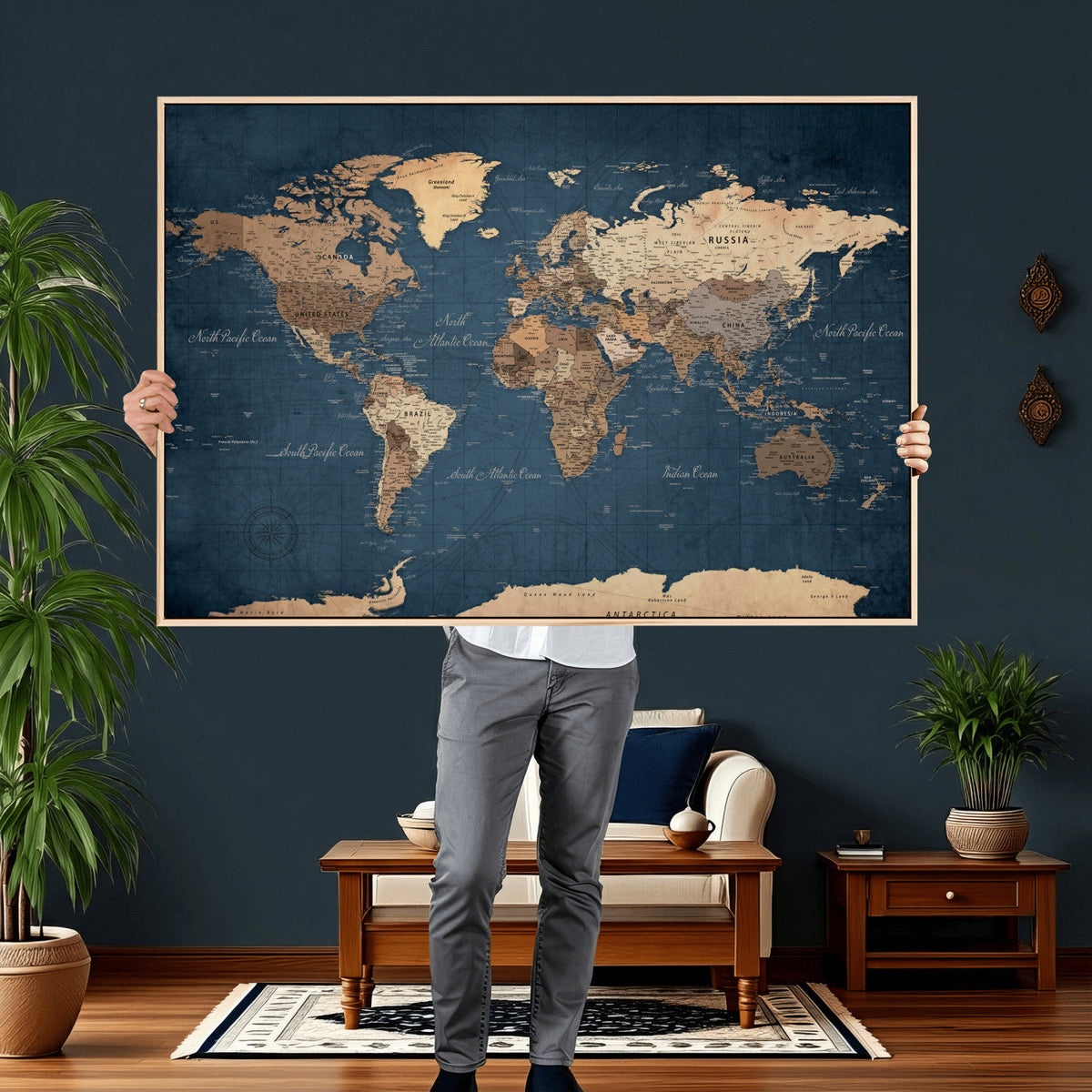 Navy Blue World Map Canvas Print – Framed Travel Map Wall