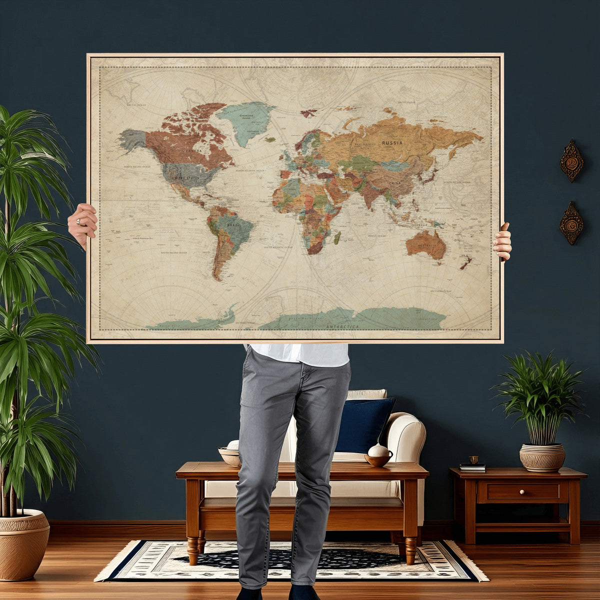 Vintage World Map Canvas Wall Art Print – Framed Modern