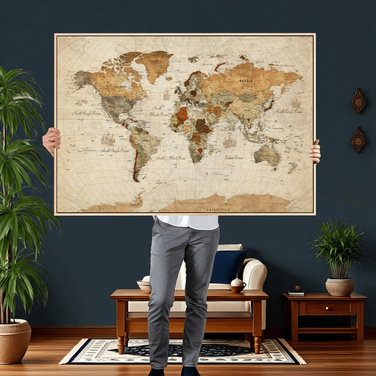 Rustic Vintage World Map Canvas Print – Framed Modern