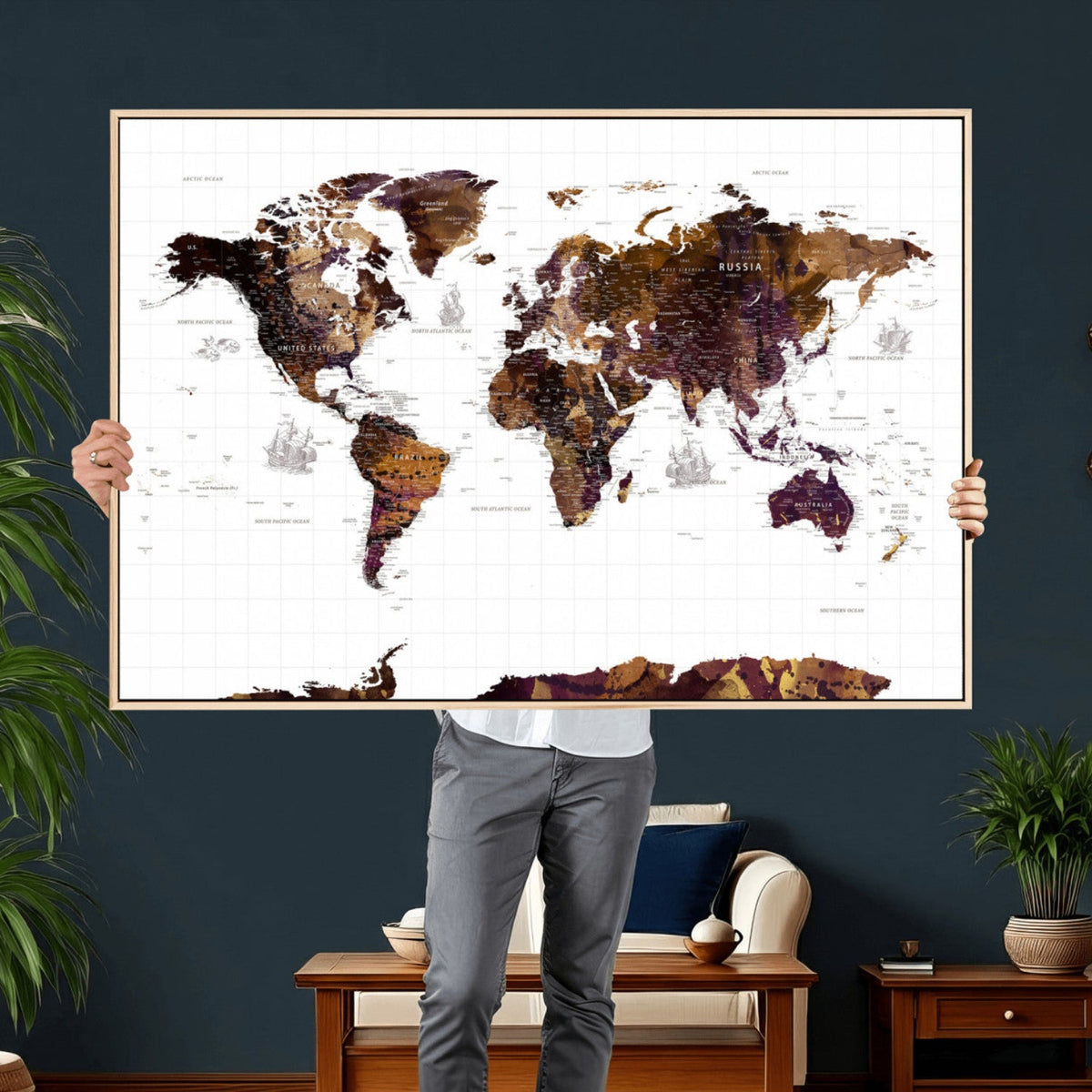 Rustic World Map Wall Art Canvas Print | Large World Map on