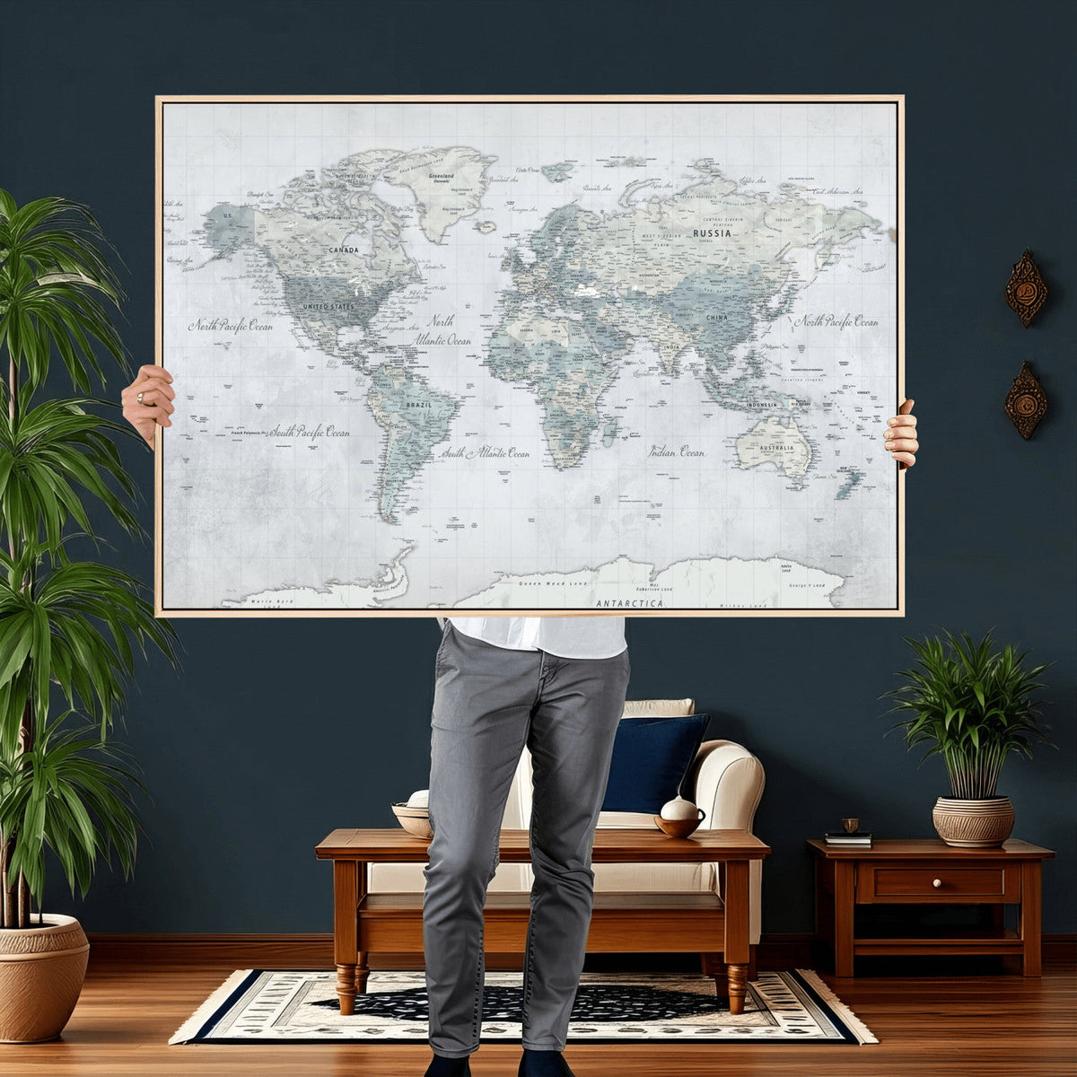 Push Pin World Map Canvas Print - Detailed Vintage World Map