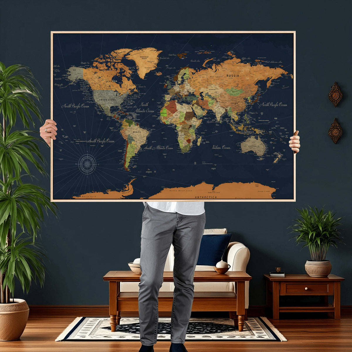 Modern World Map Canvas Print – Framed Detailed Map of the