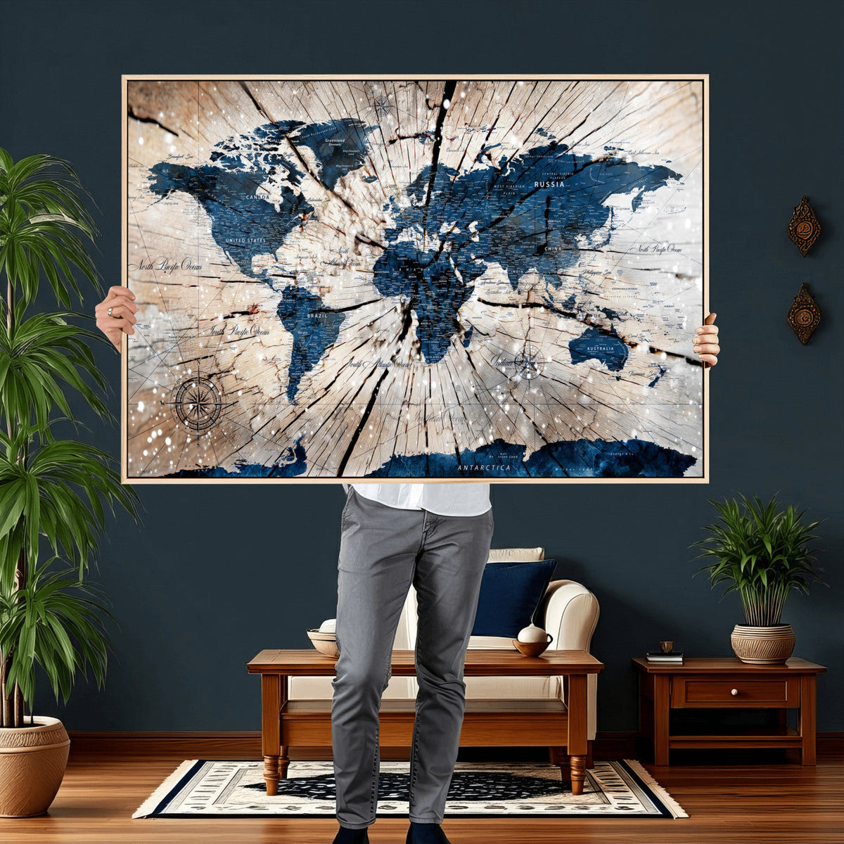 Rustic World Map Canvas Print – Framed Wall Art for Couples,
