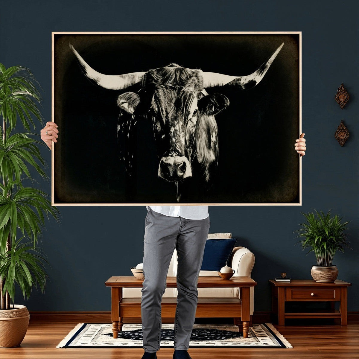 Black Bull Wall Art Canvas Print, Texas Longhorn Portrait