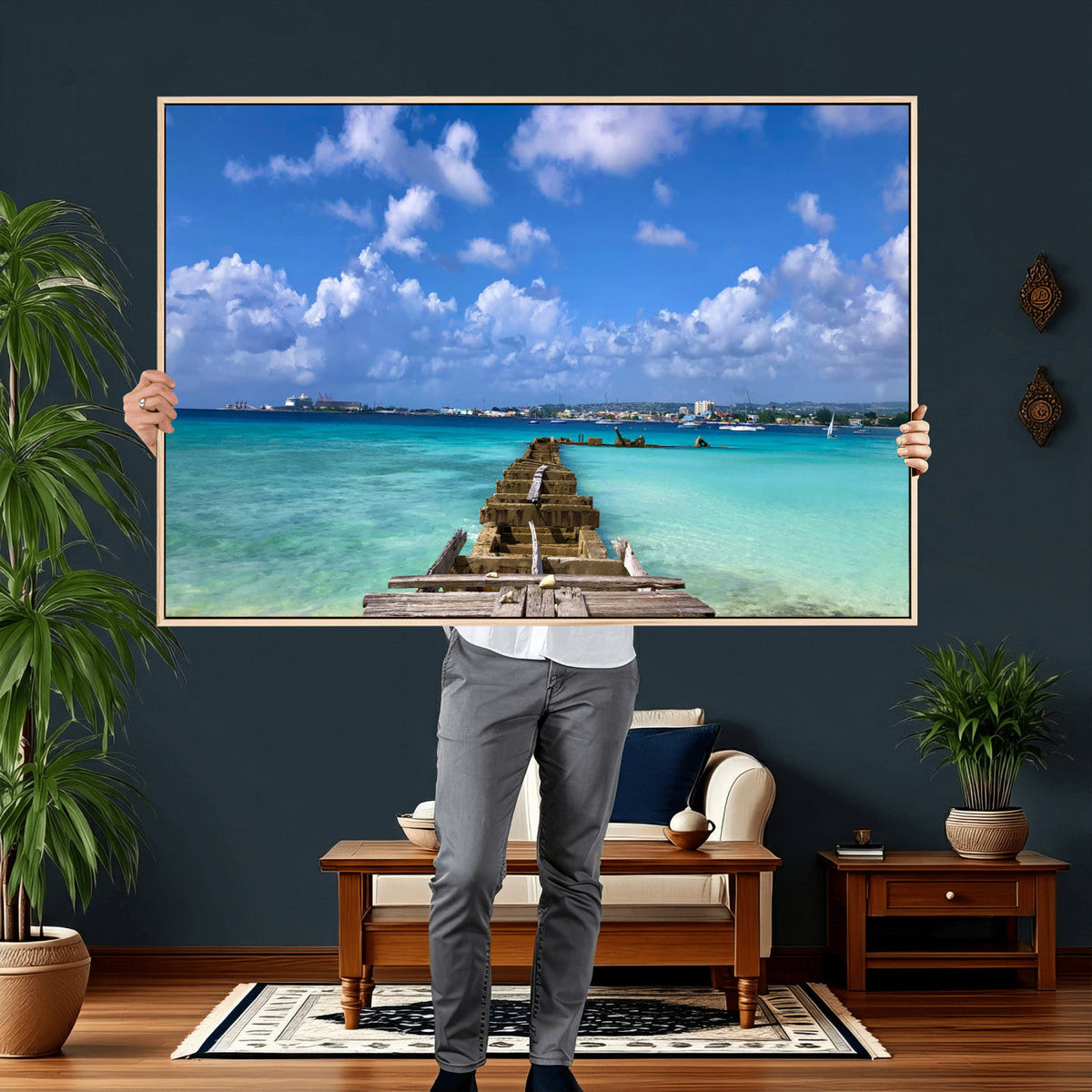 Caribbean Ocean Pier Seascape Wall Art Canvas Print,