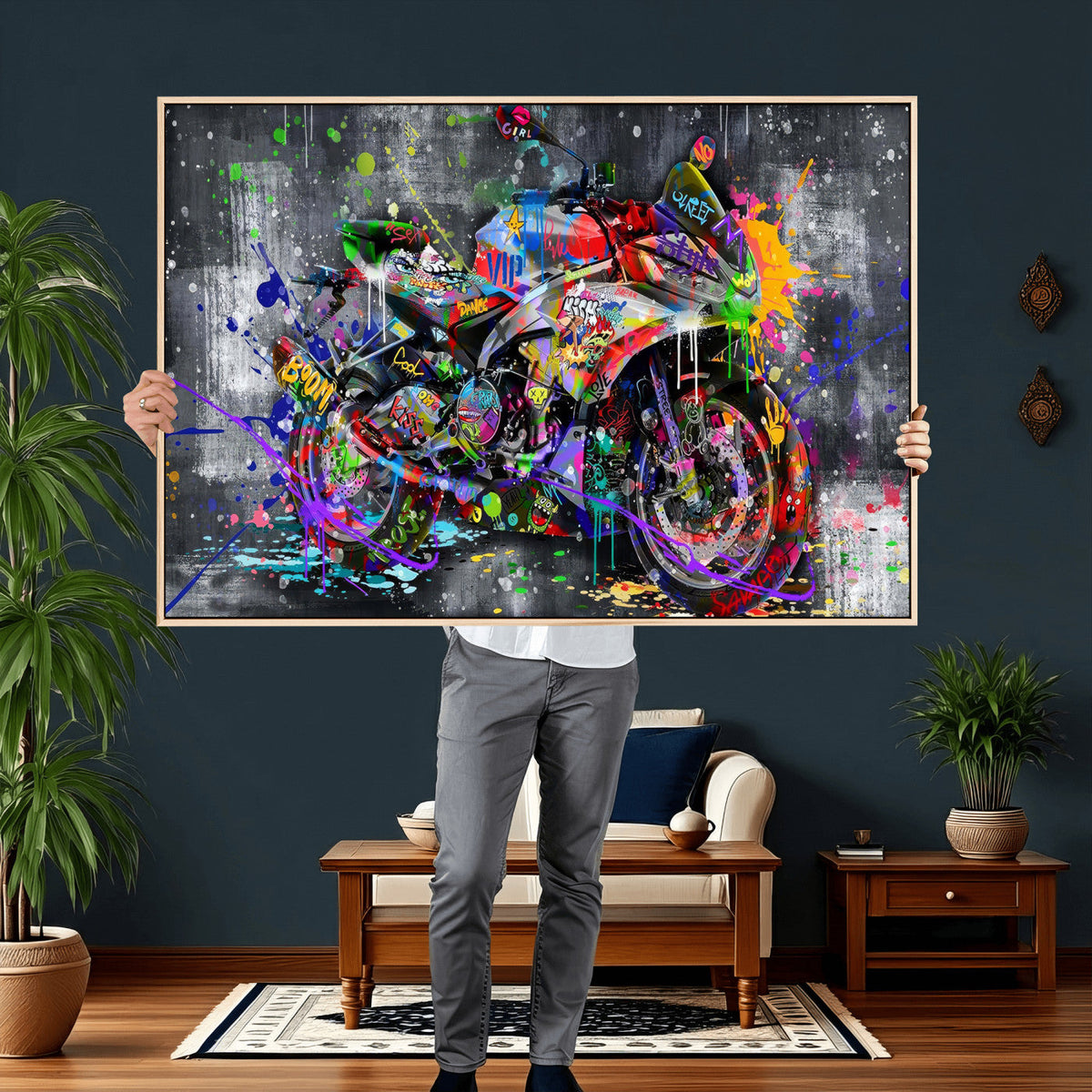 Graffiti Motorcycle Wall Art Canvas Print, Urban Street Art