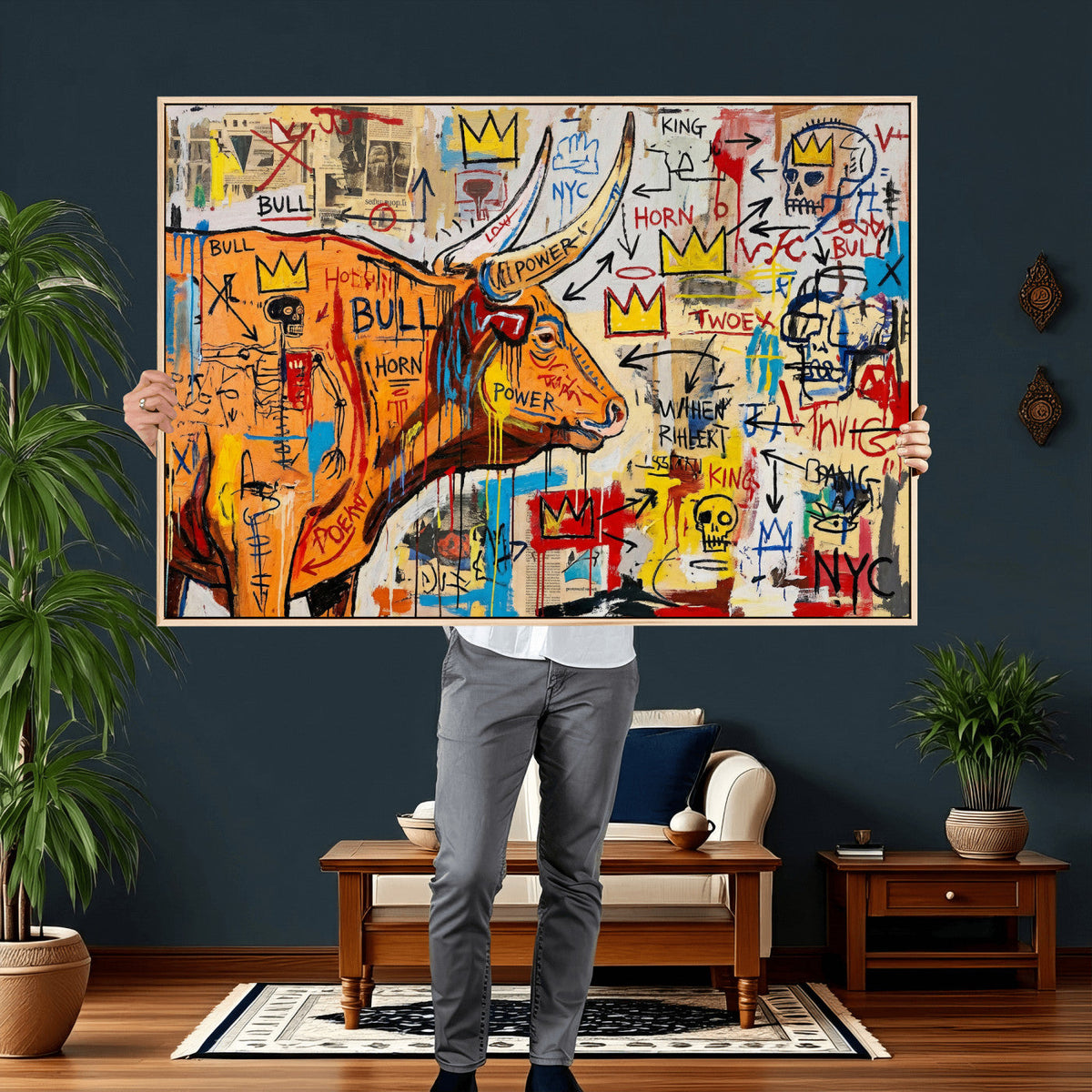 Basquiat Style Bull Graffiti Wall Art Canvas Print, Street