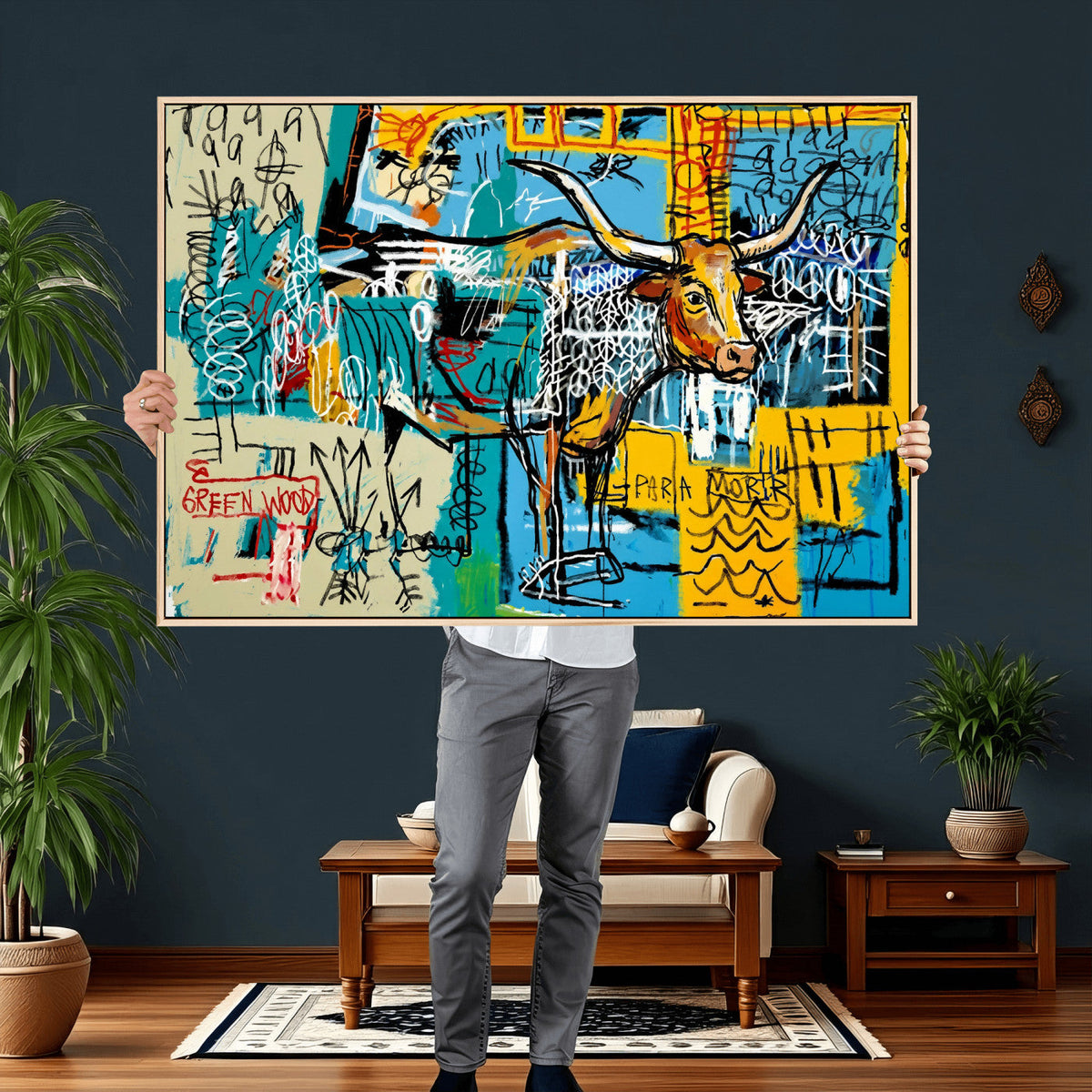 Basquiat Style Bird Bull Graffiti Wall Art Canvas Print,