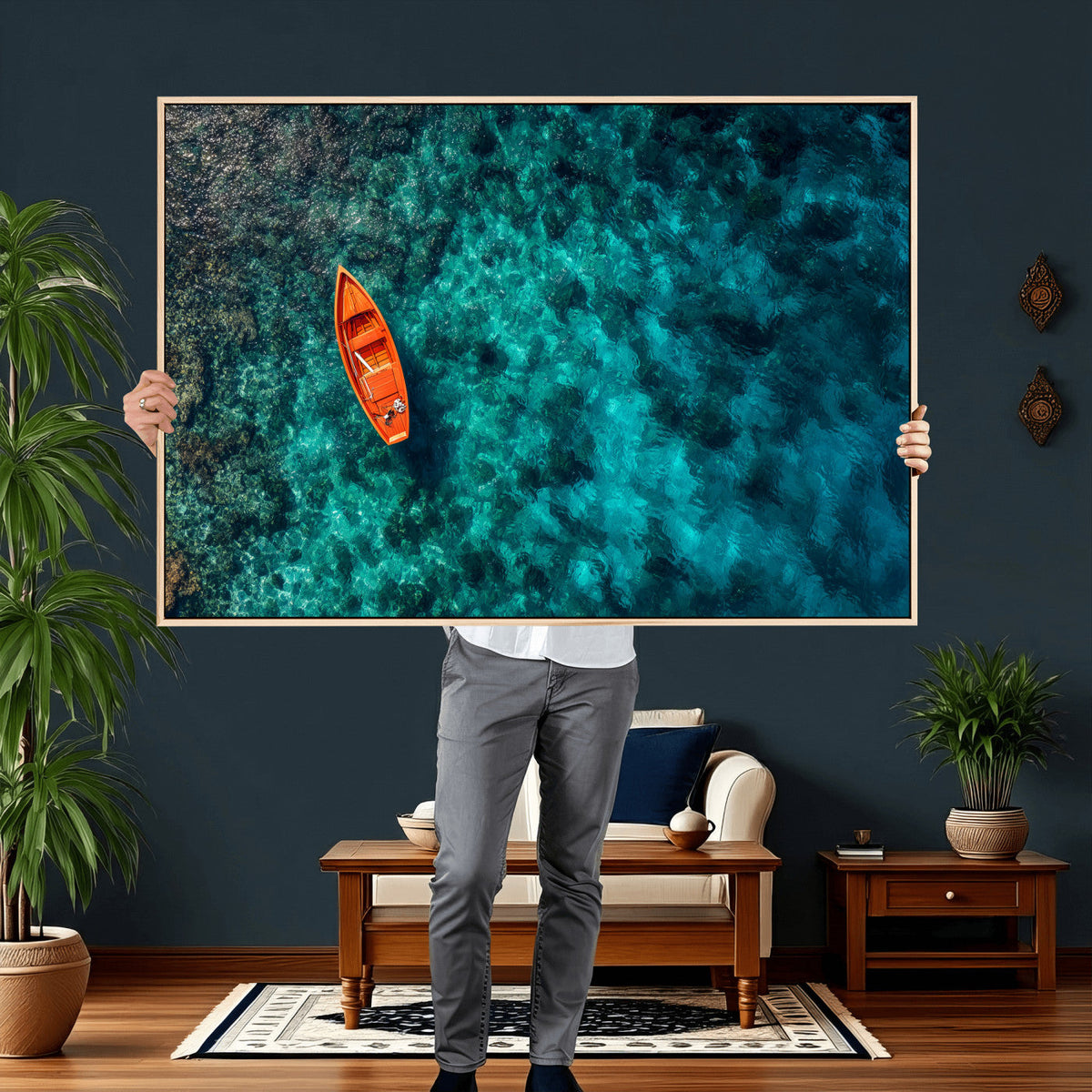 Turquoise Ocean Boat Wall Art Canvas Print