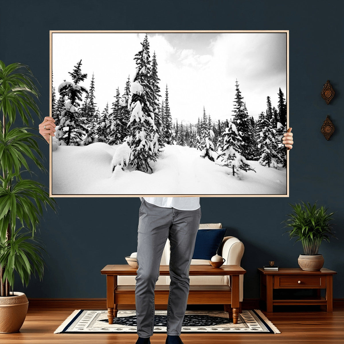 Black and White Snowy Pine Forest Wall Art Canvas Print,