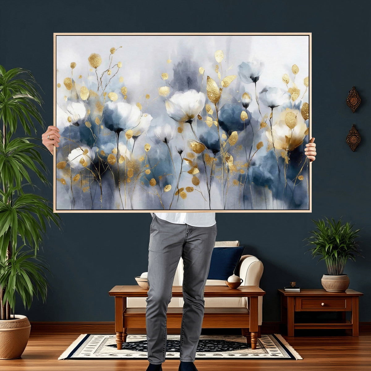 Large Abstract Flowers Wall Art Canvas Print – Gold and Blue