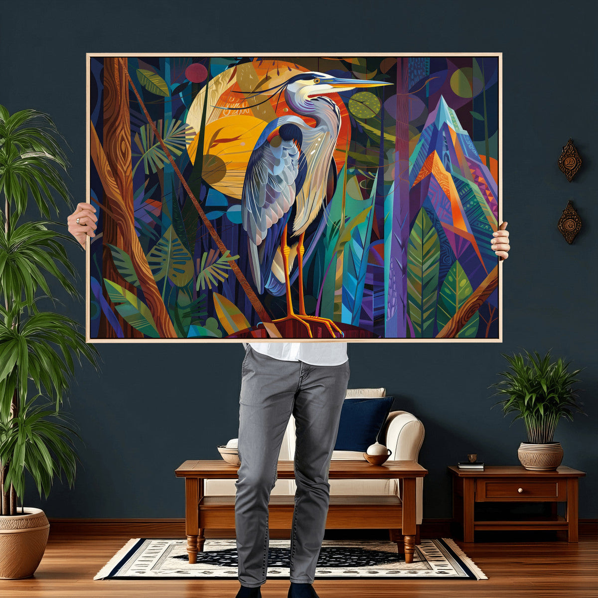 Colorful Heron Wall Art Canvas Print Tropical Bird Abstract