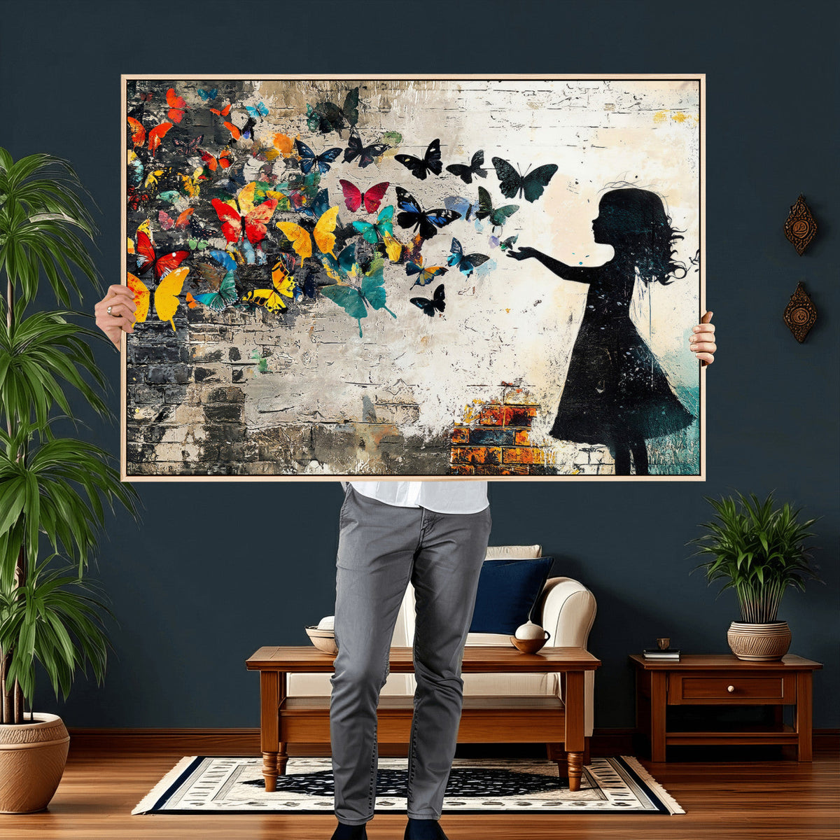 Banksy Butterfly Girl Wall Art Canvas Print, Framed Street