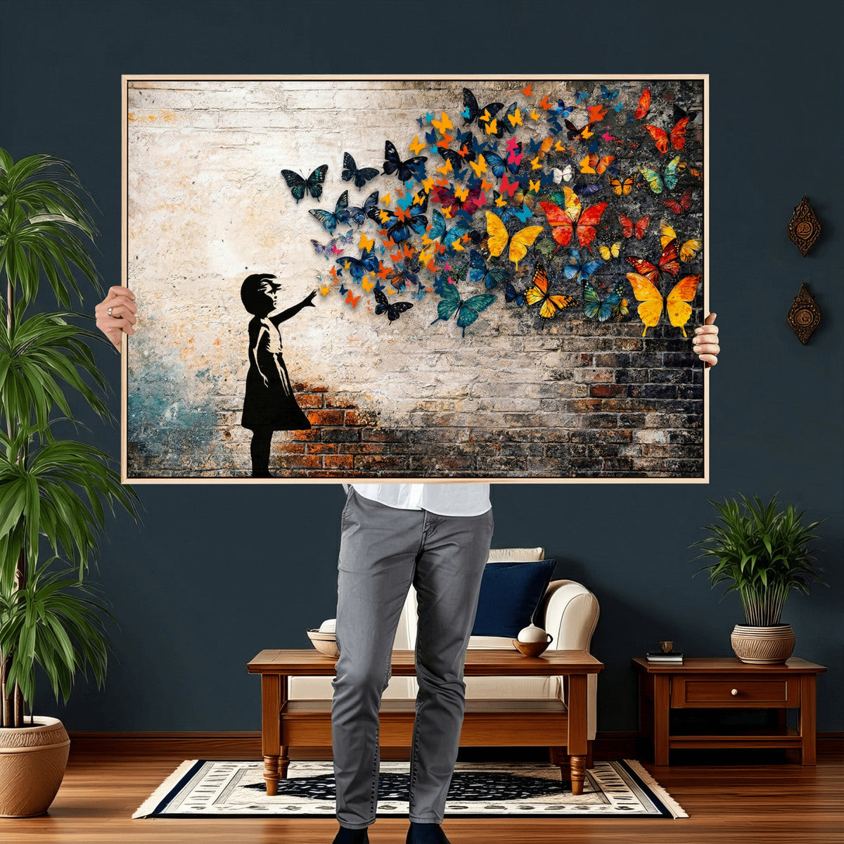 Banksy Graffiti Butterfly Girl Wall Art Canvas Print, Framed