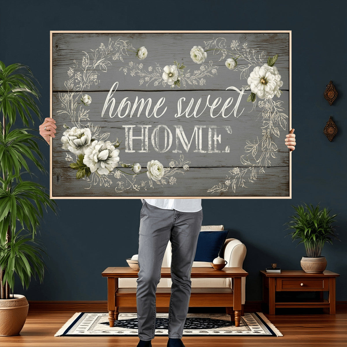 Home Sweet Home Wall Art Canvas Print, Floral Farmhouse