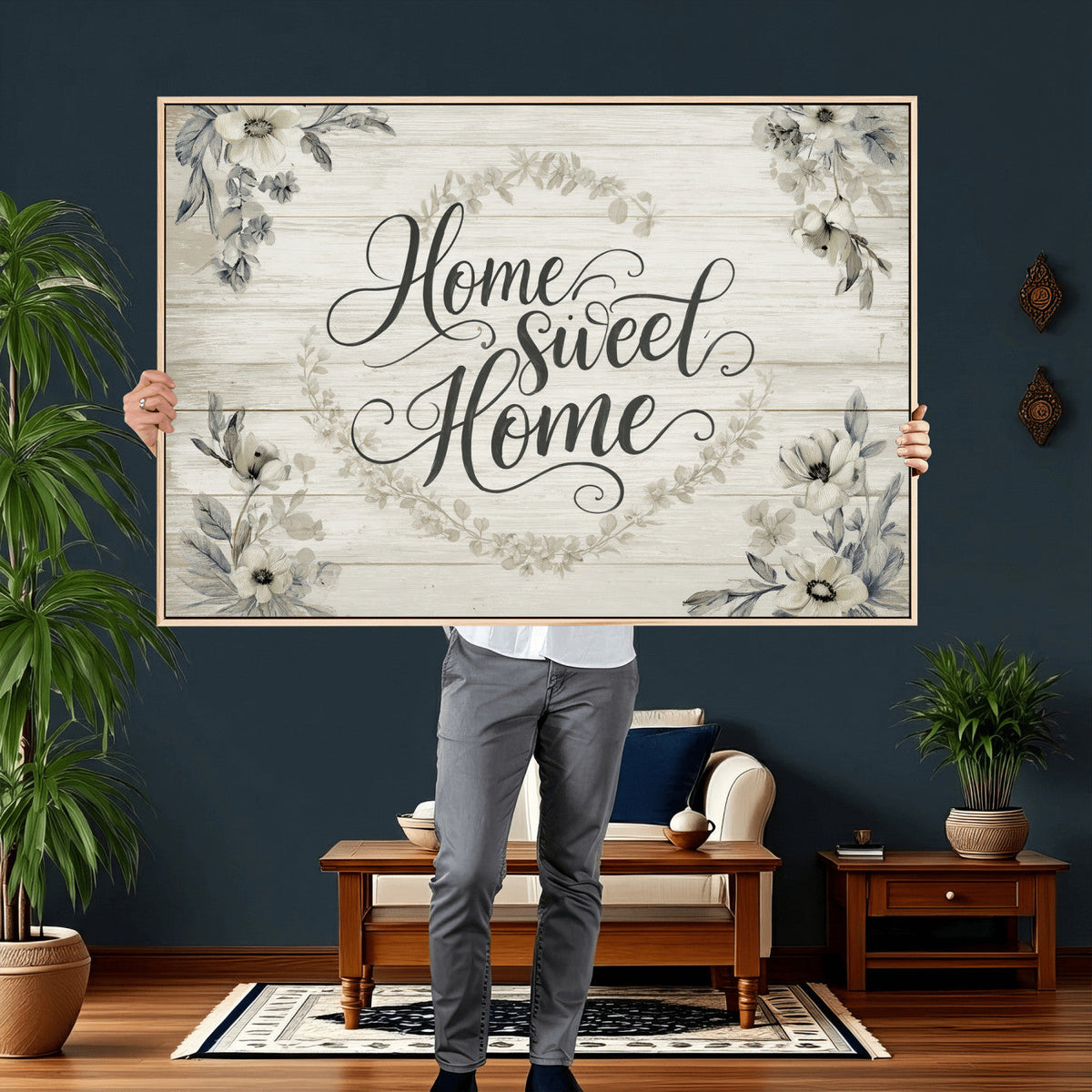 Home Sweet Home Wall Art Canvas Print, Floral Farmhouse