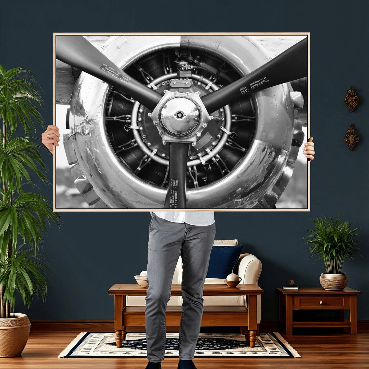 Vintage Propeller Plane Wall Art Canvas Print, Black and
