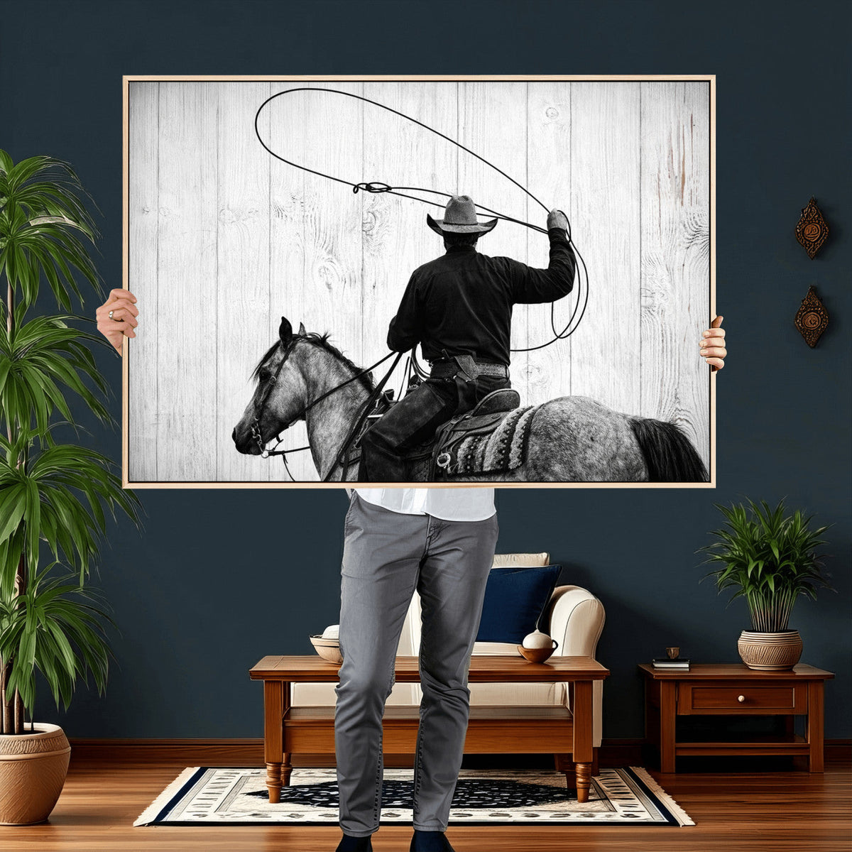Cowboy Lasso Canvas Wall Art, Black White Western Horse