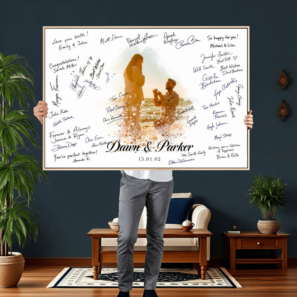Wedding Guest Book Alternative Wall Art Canvas Print, Personalized Wedding Signature Poster, Custom Couple Photo Guestbook Canvas, Bridal Shower Reception Decor