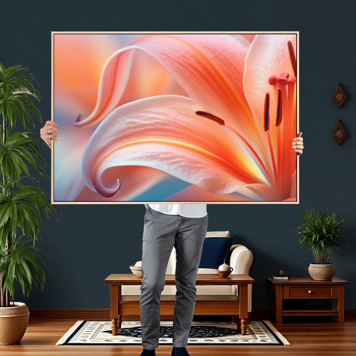 Peach Lily Canvas Wall Art, Coral Pink Flower Macro Photo Print, Botanical Bedroom Decor, Soft Floral Photography, Living Room Wall Art
