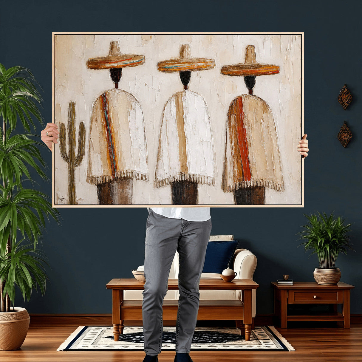 Mexican Wall Art Canvas Print, Southwestern Sombrero Poncho Painting, Neutral Earthy Boho Decor, Fiesta Living Room Art, Impasto Style Print
