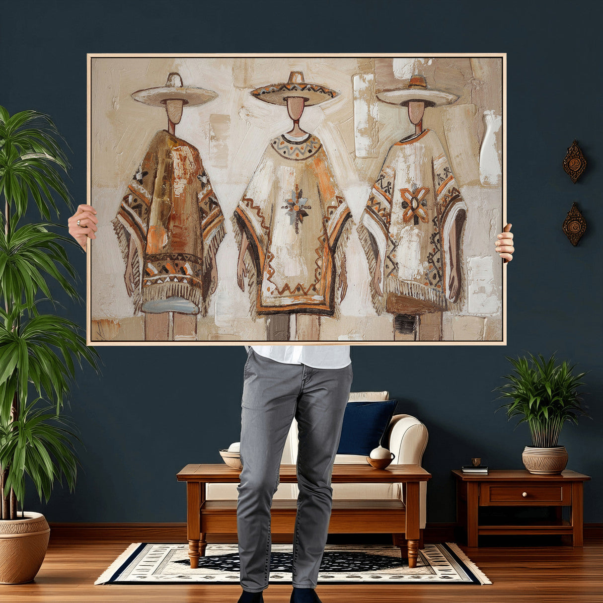 Mexican Folk Art Canvas Wall Art, Charro Poncho Sombrero Painting Print, Neutral Beige Boho Decor, Southwestern Impasto Style, Living Room Art