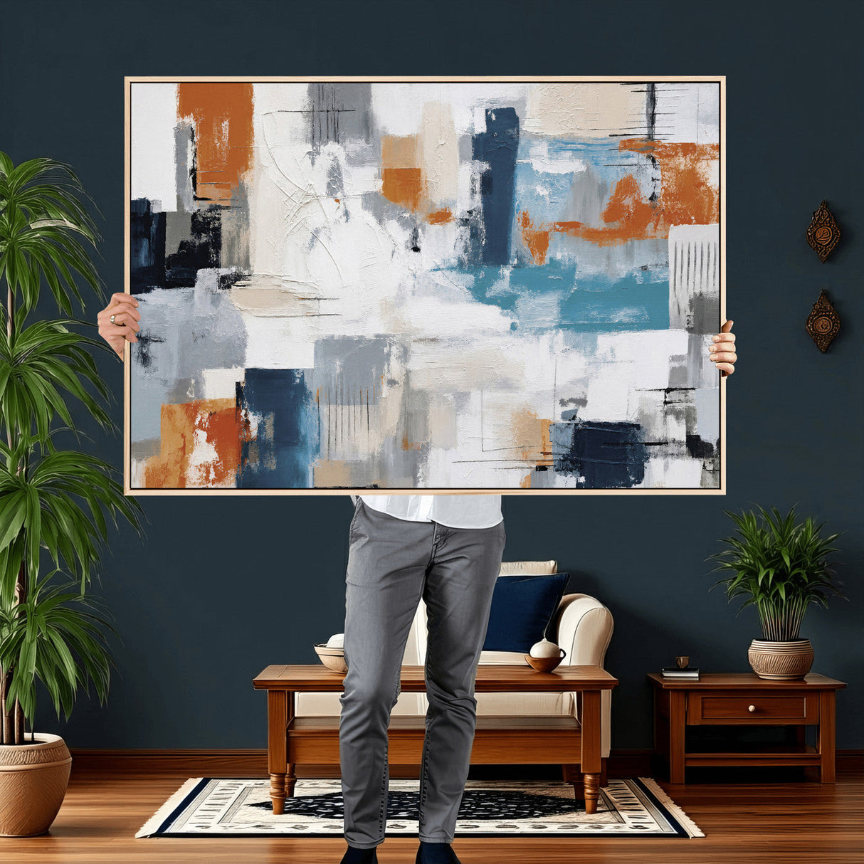 Blue Teal Abstract Canvas Wall Art, Modern Textured Painting Print, Navy Orange White Contemporary Art, Neutral Living Room Decor, Office Art
