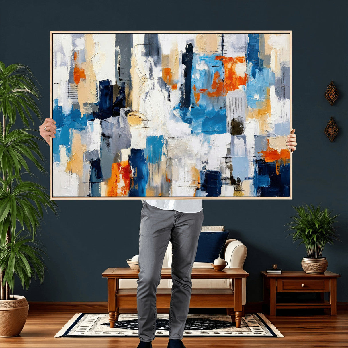 Blue Teal Abstract Canvas Wall Art, Modern Textured Painting Print, Navy Orange White Contemporary Art, Neutral Living Room Decor, Office Art