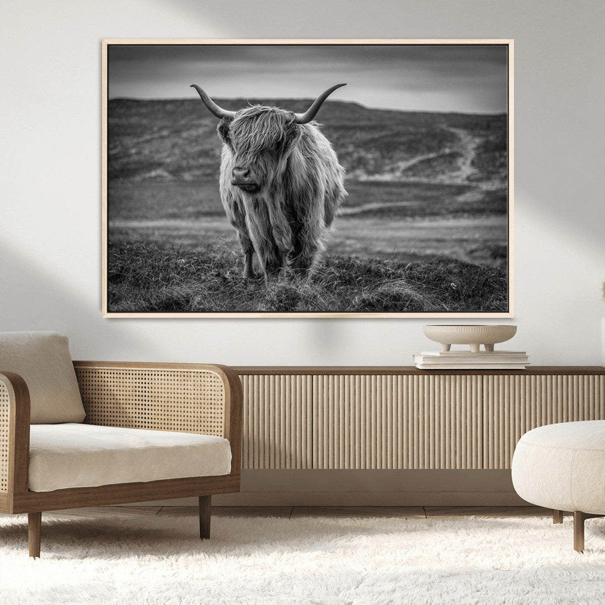 Fluffy Cattle Wall Art Print, Highland Cow Canvas, Framed