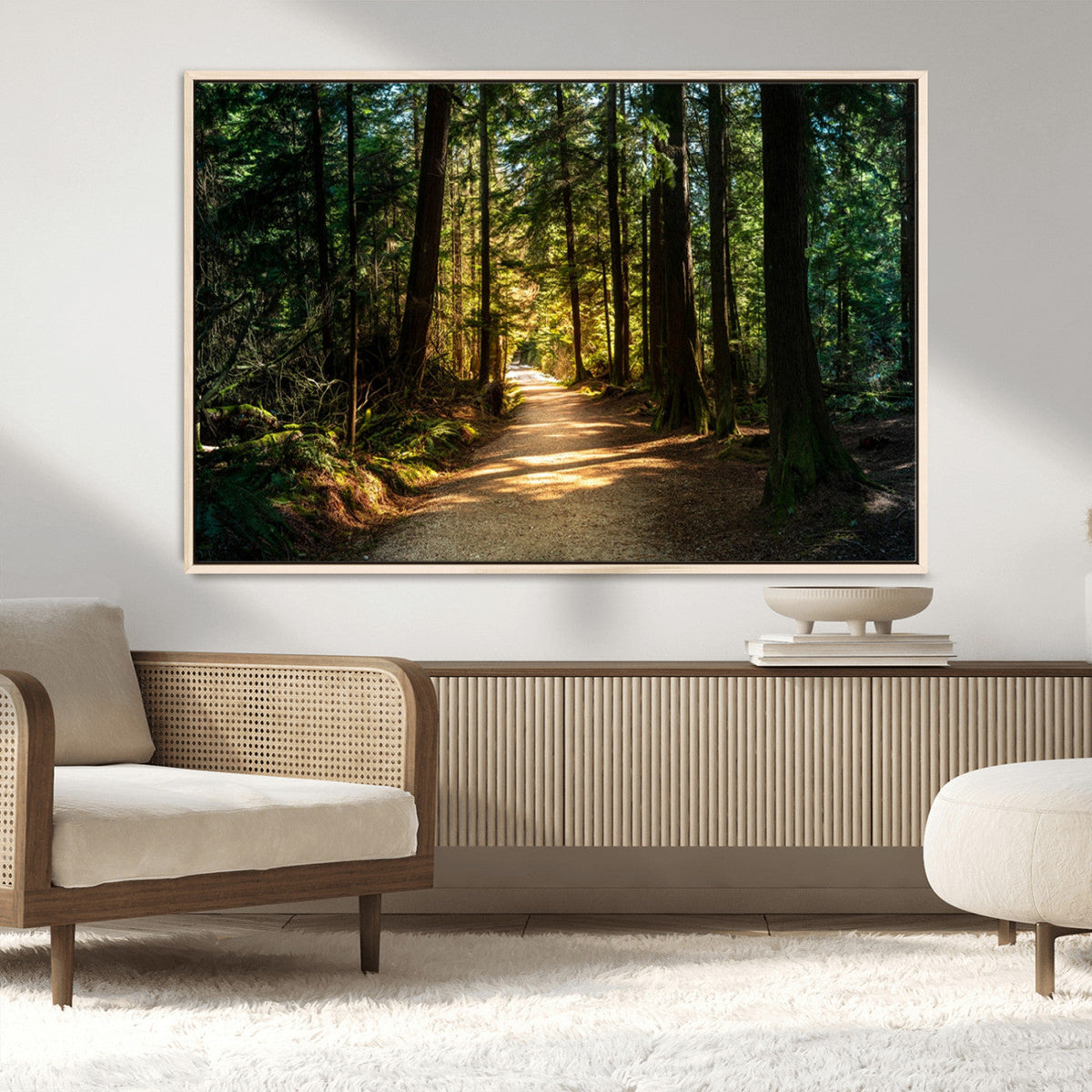 Sunlit Forest Pathway Canvas Print | 3 Panel Large Nature