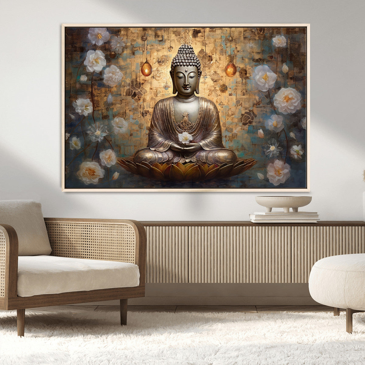 Golden Buddha Wall Art Canvas Print | Zen Meditation Floral