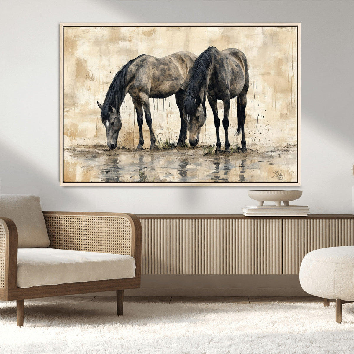 Chinese Style Abstract Black Horses Wall Art Canvas Print -