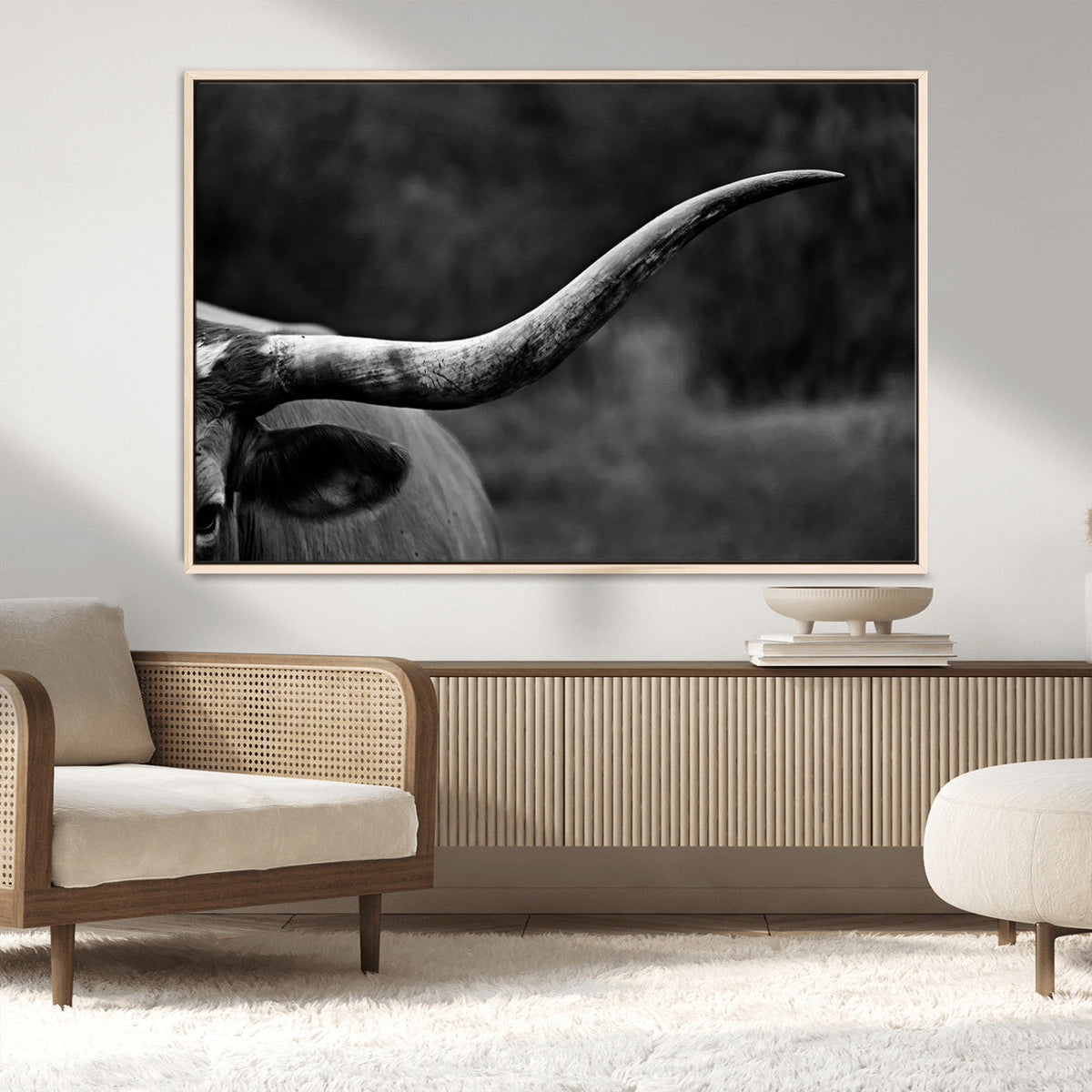 Cow Longhorn Wall Art | Black and White Print | Ready to
