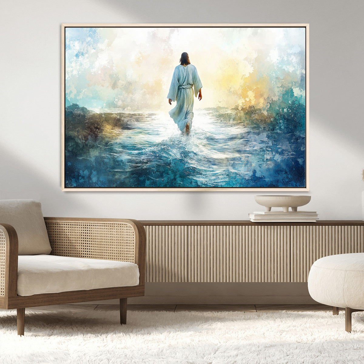 Watercolor Jesus Walking on Water Canvas Print, Christian