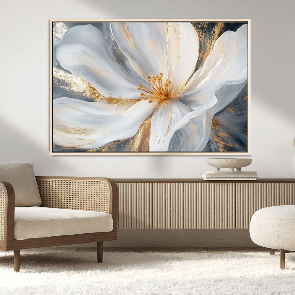 White and Gold Floral Canvas Wall Art - Framed and Ready to