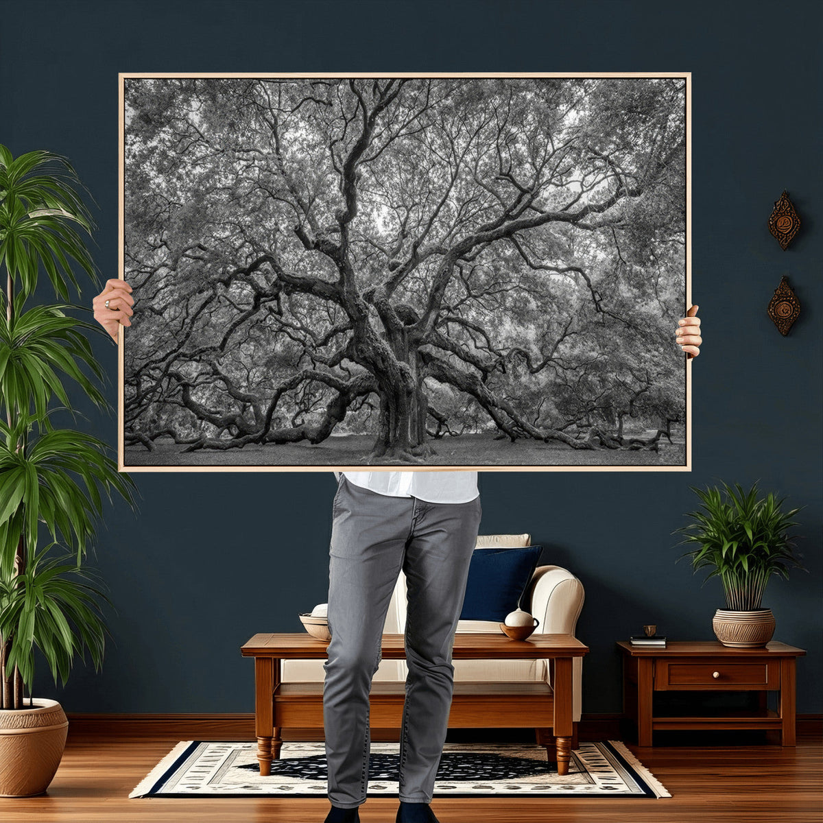 Majestic Angel Oak Tree Black and White Canvas Print – Multi