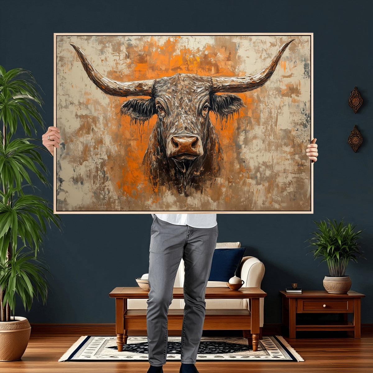 Abstract Cow Longhorn Bull Wall Art Canvas Print - Rustic