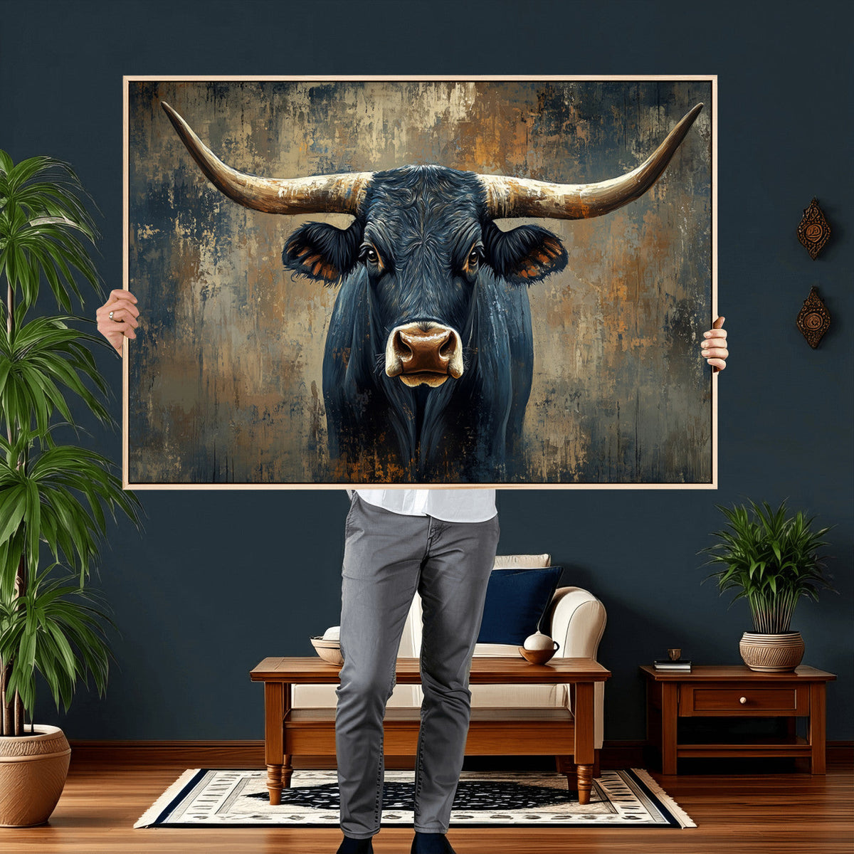 Texas Western Wall Art Canvas Print - Abstract Cow Longhorn