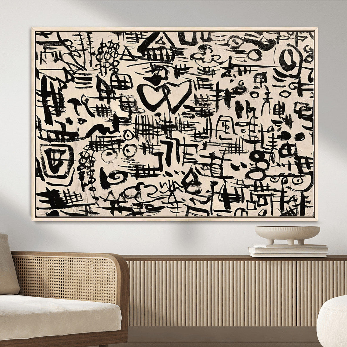 Abstract Love and Chaos Canvas Print, Black Symbols on Beige