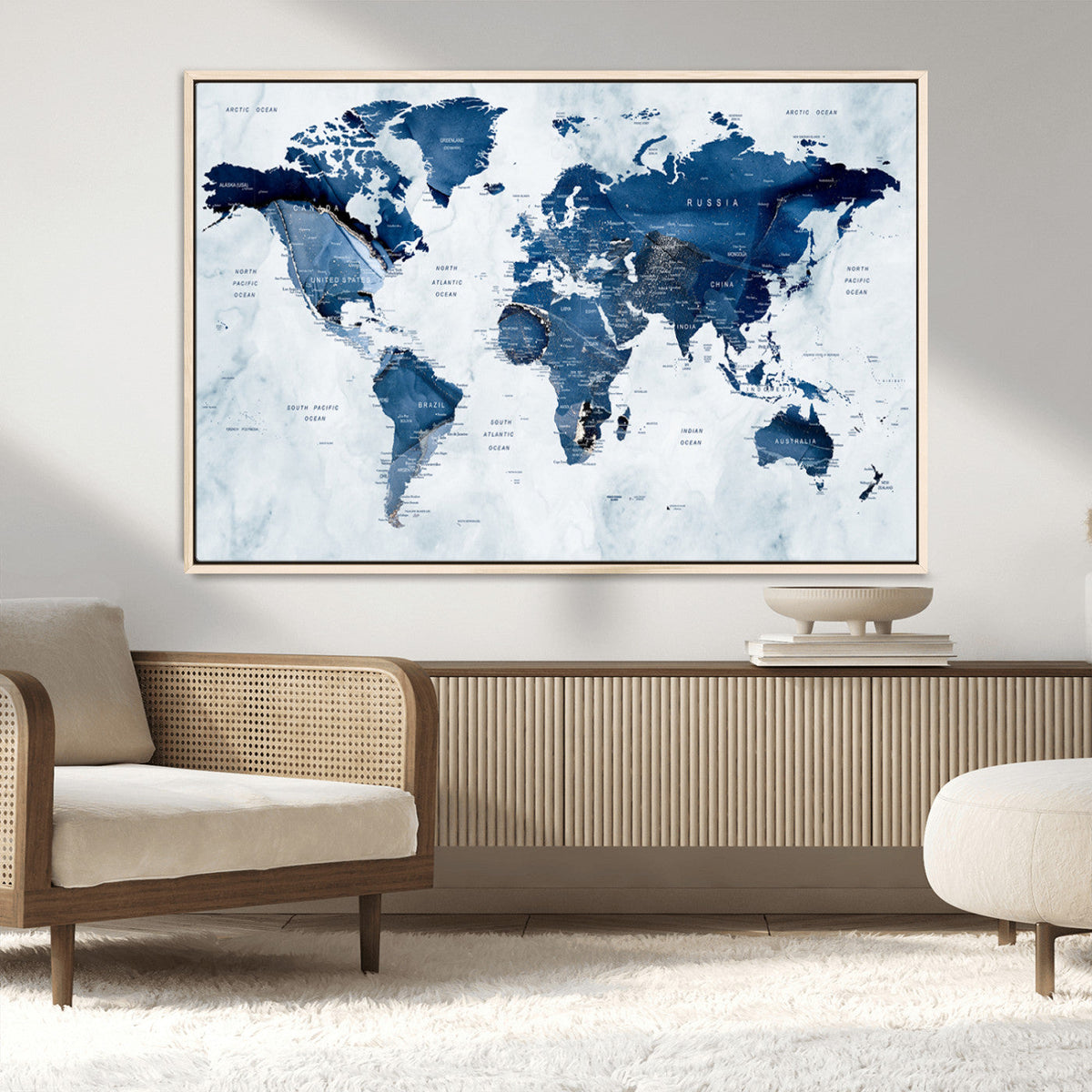 Modern Blue World Map Canvas Print – Framed Wall Art,