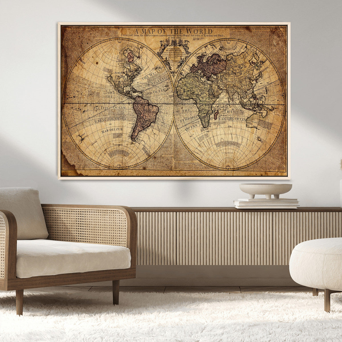 Vintage World Map Wall Art Canvas – Antique Style Push Pin