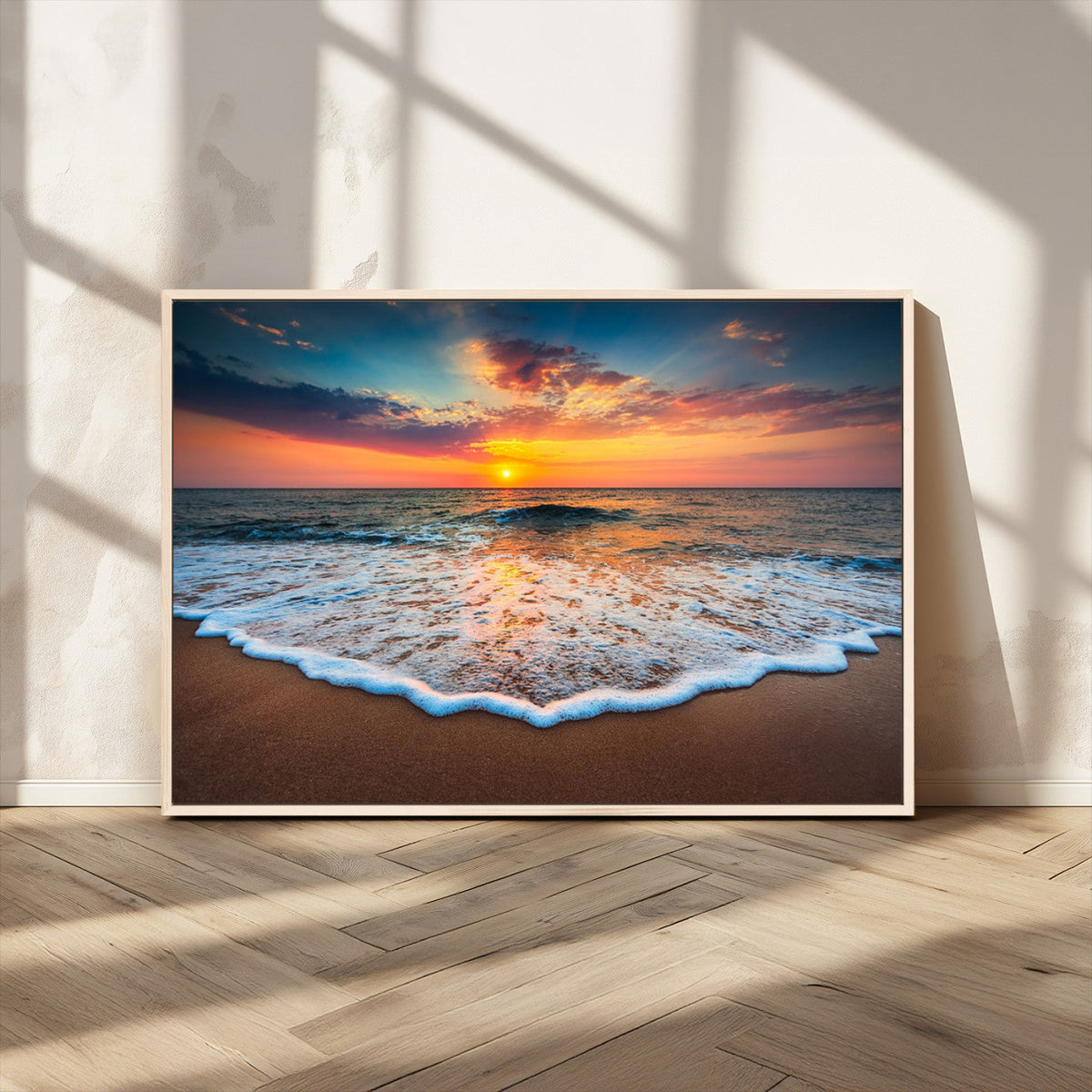 Sunset Beach Canvas Wall Art – Colorful Ocean Waves Triptych