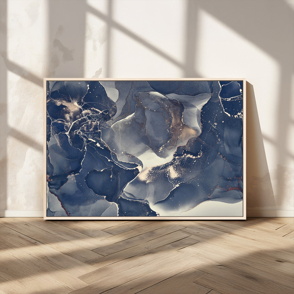 Large Abstract Blue and Gold Canvas Wall Art Fluid Ink