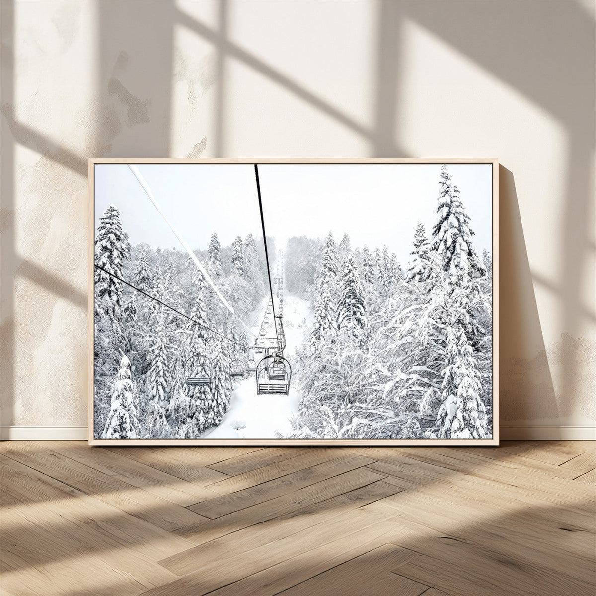 Snowy Ski Lift Wall Art – Framed Winter Mountain Canvas